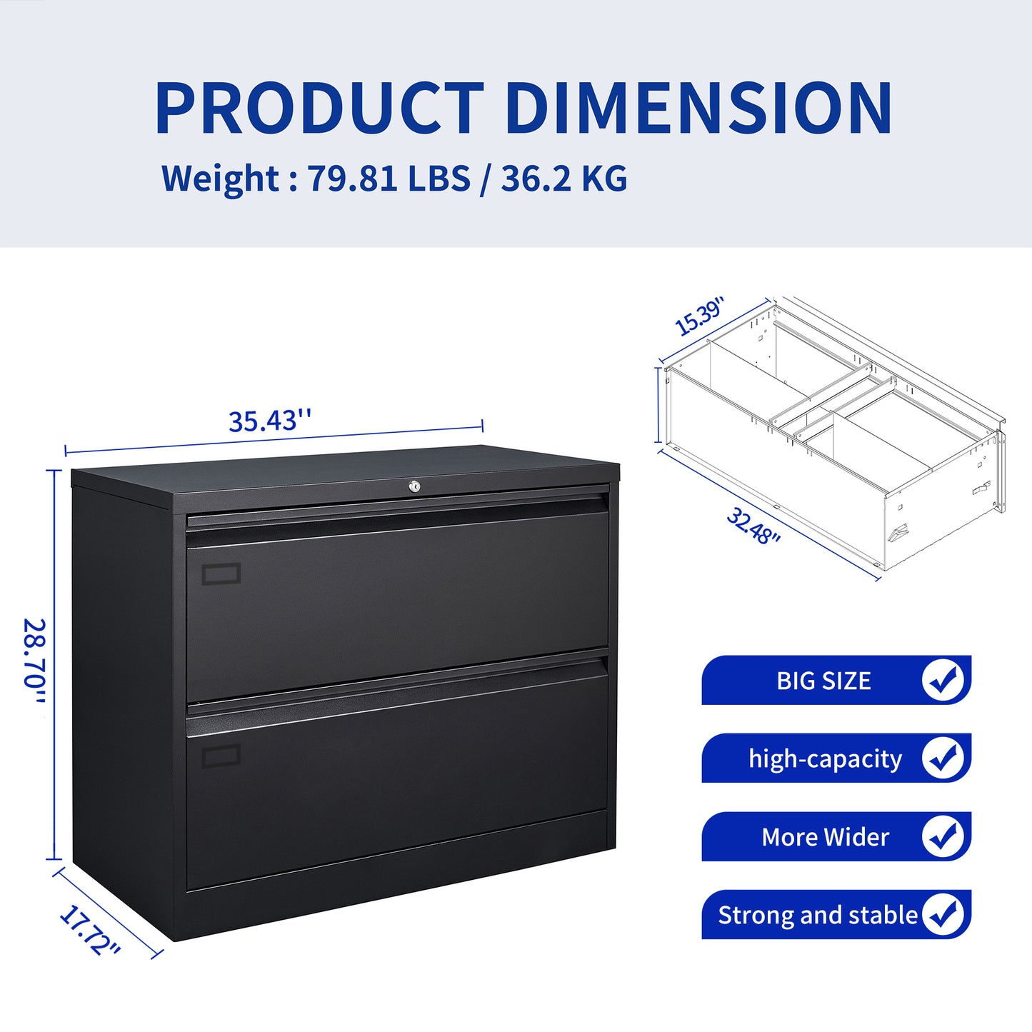 Metal Steel 2 Drawer Lateral Filing Cabinet - Black