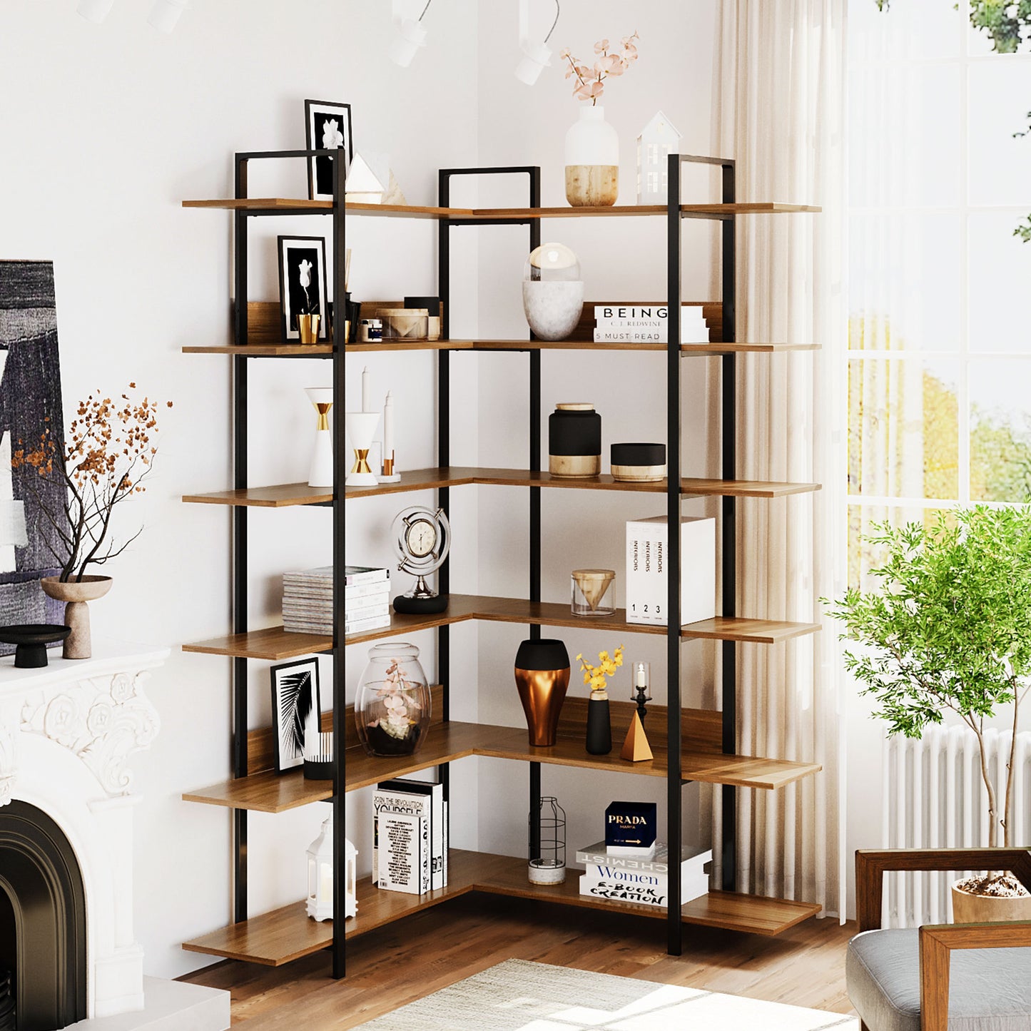 Stainless Steel Frame Corner 6-tier Shelves - Brown