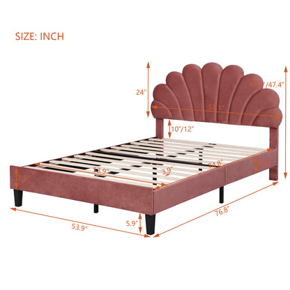 Floral Bliss Full Size Velvet Platform Bed Frame - Red