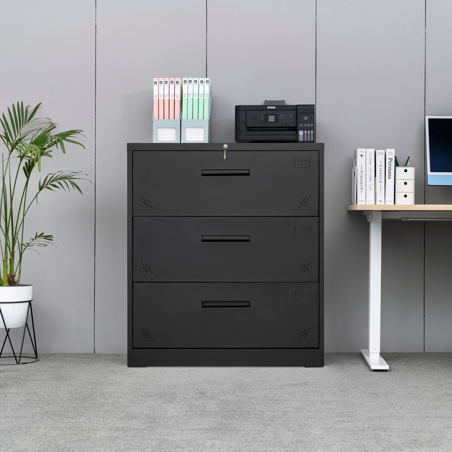 Lock Metal Steel 3 Drawer Lateral Filing Cabinet - Black