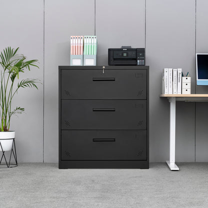 Lock Metal Steel 3 Drawer Lateral Filing Cabinet - Black