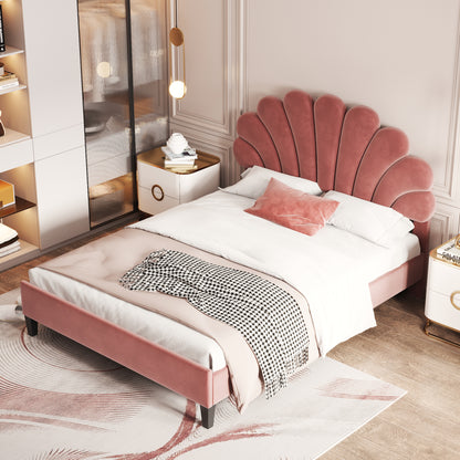 Floral Bliss Full Size Velvet Platform Bed Frame - Red