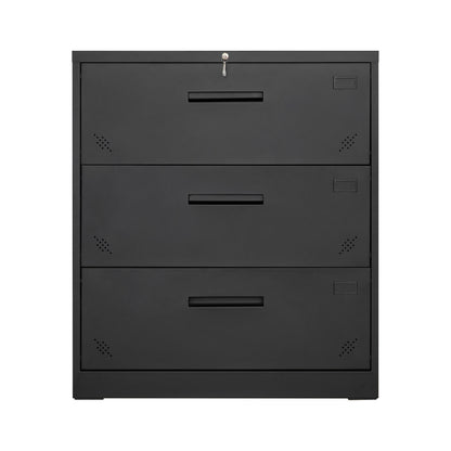 Lock Metal Steel 3 Drawer Lateral Filing Cabinet - Black