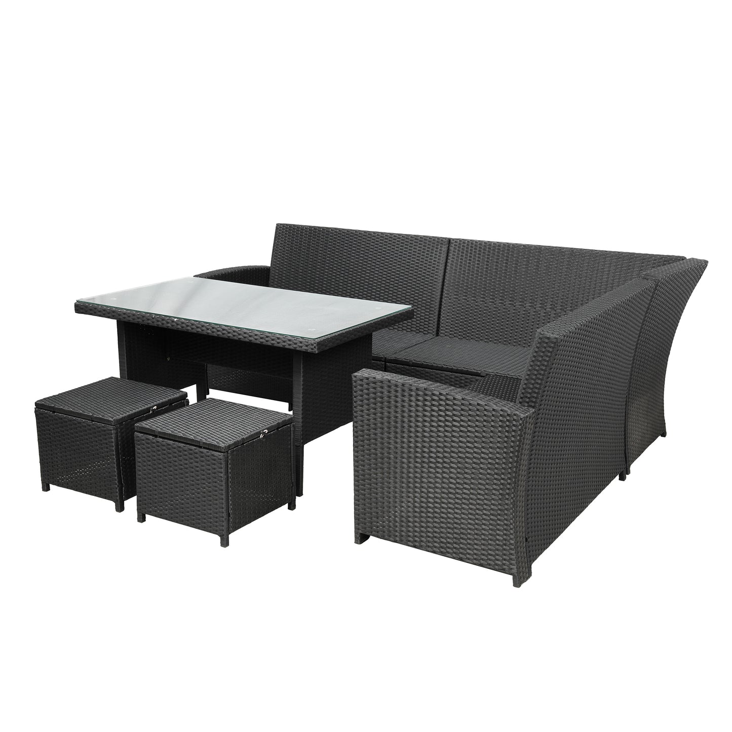 Elegant Oasis 6-Piece Outdoor Patio Furniture Set with Glass Table and Ottomans (Black)
