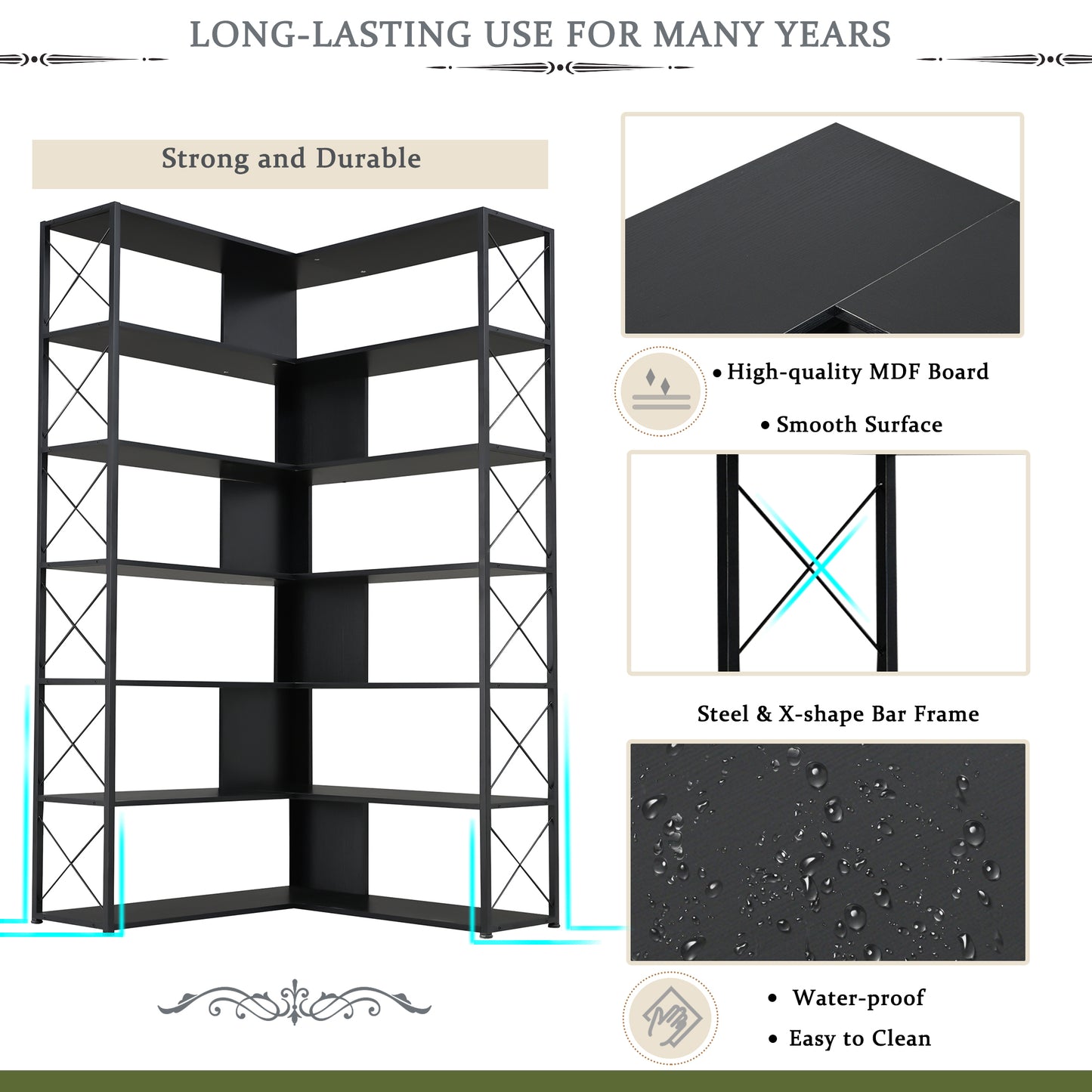 L-Shaped Corner Bookcase - Black