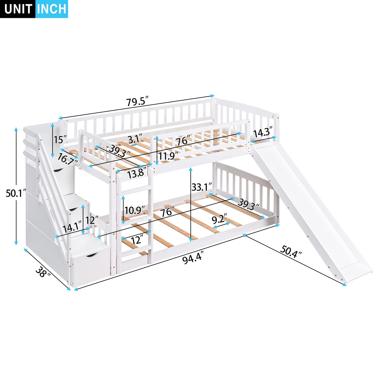 Dreamscape Twin over Twin Bunk Bed with Storage and Slide, Snow White
