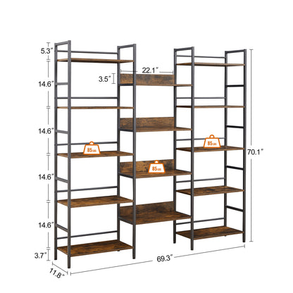 Triple Wide 5-shelf Bookshelves Industrial Retro Wooden Style - Rustic Brown