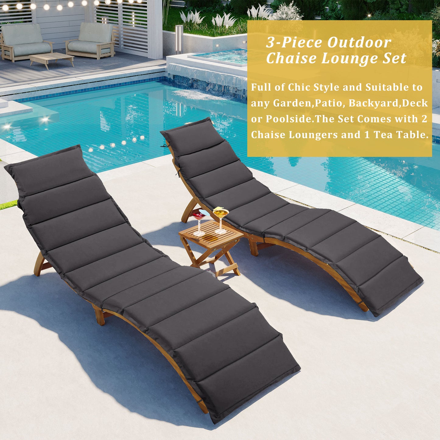 Elevate Lounge Outdoor Patio Wood Portable Extended Chaise Lounge Set - Gray