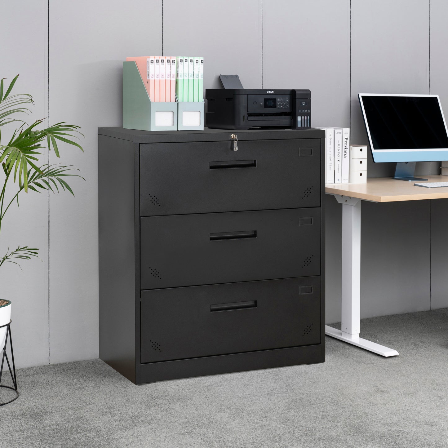 Lock Metal Steel 3 Drawer Lateral Filing Cabinet - Black