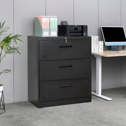 Lock Metal Steel 3 Drawer Lateral Filing Cabinet - Black