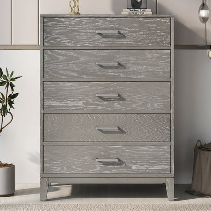 Elegant Essence Grey Wood Grain Five-Drawer Chest
