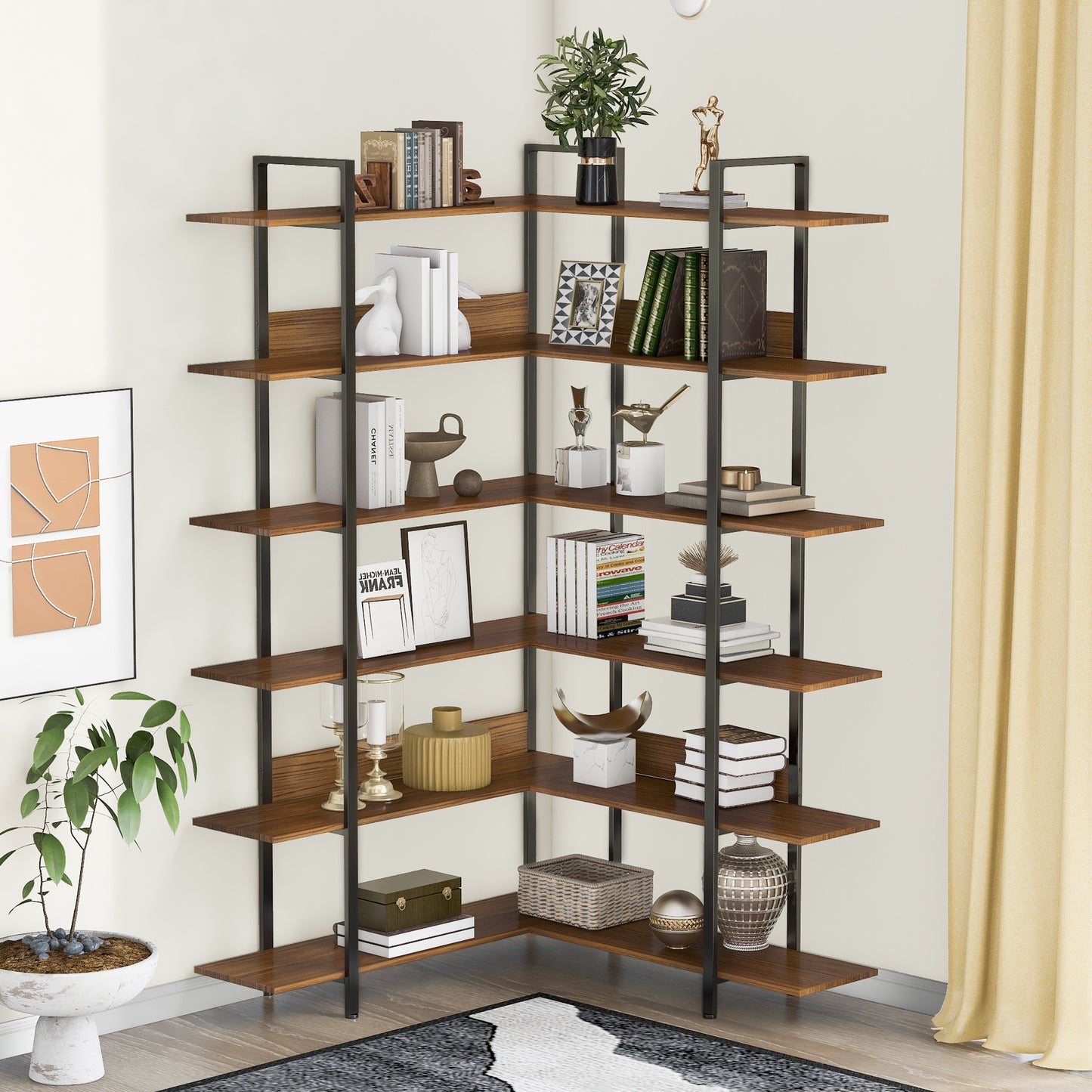 Stainless Steel Frame Corner 6-tier Shelves - Brown