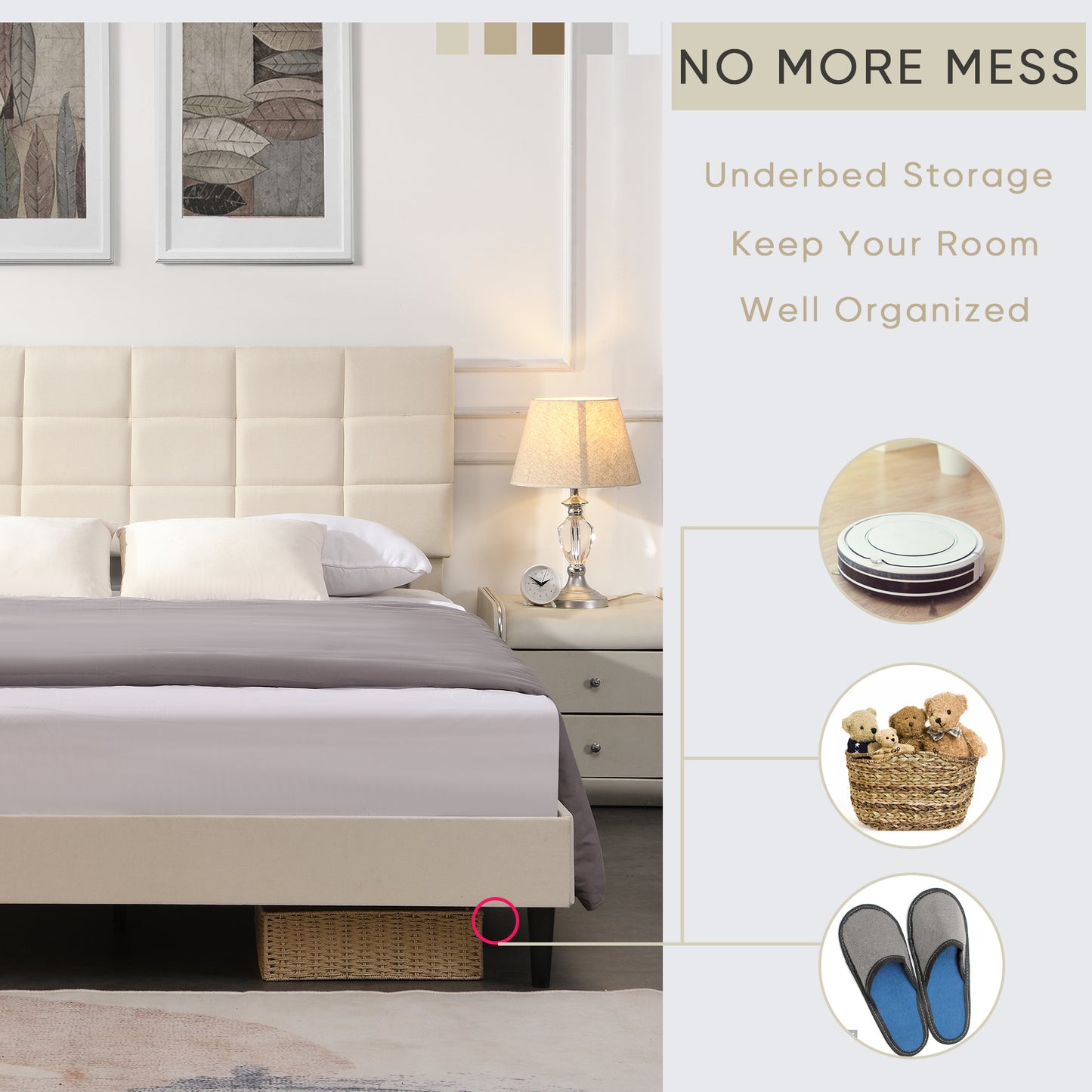 Elegant Queen Size Platform Bed Frame - Beige