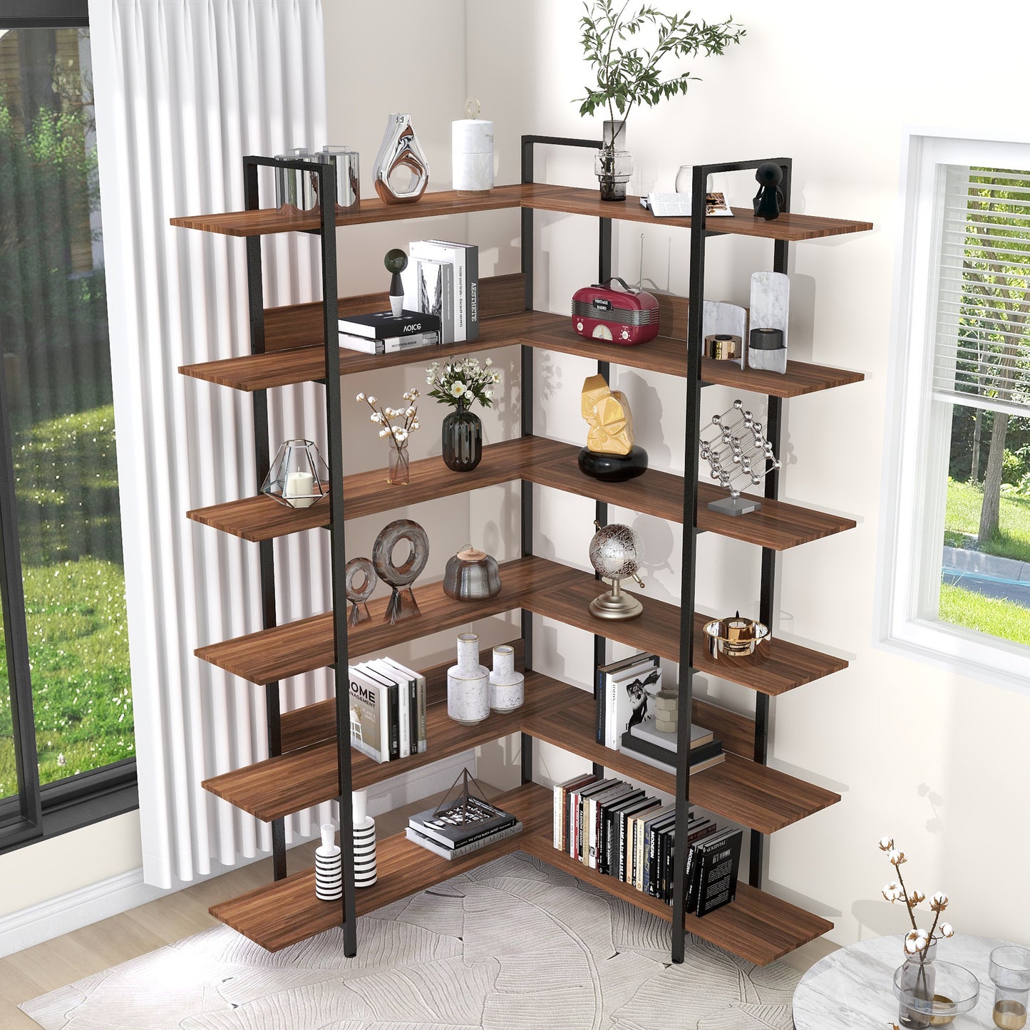 Stainless Steel Frame Corner 6-tier Shelves - Brown