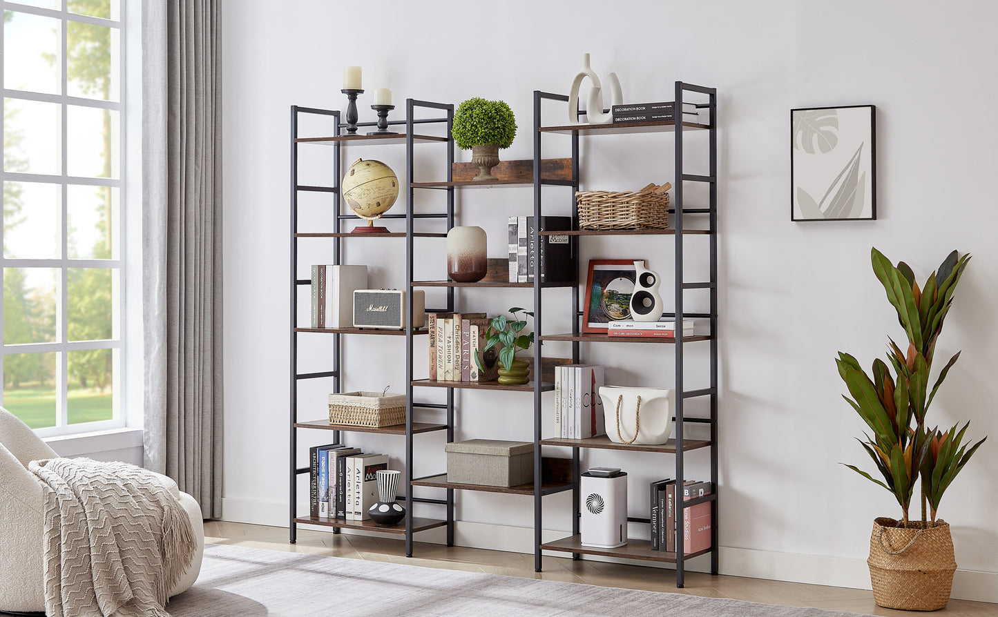 Triple Wide 5-shelf Bookshelves Industrial Retro Wooden Style - Rustic Brown
