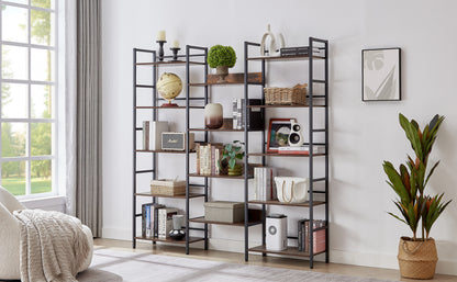 Triple Wide 5-shelf Bookshelves Industrial Retro Wooden Style - Rustic Brown