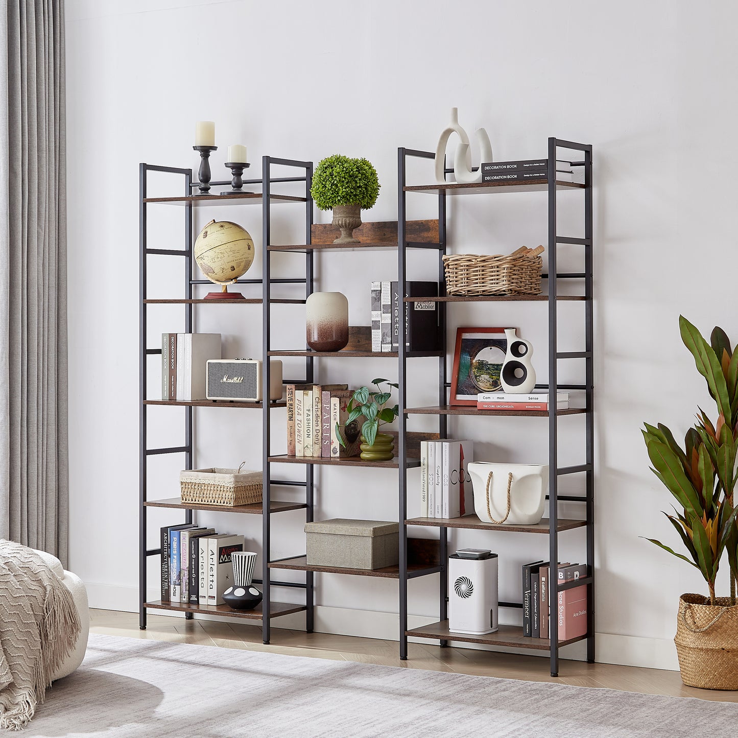 Triple Wide 5-shelf Bookshelves Industrial Retro Wooden Style - Rustic Brown