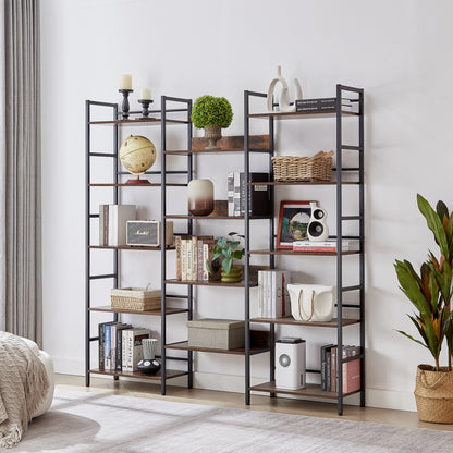 Triple Wide 5-shelf Bookshelves Industrial Retro Wooden Style - Rustic Brown