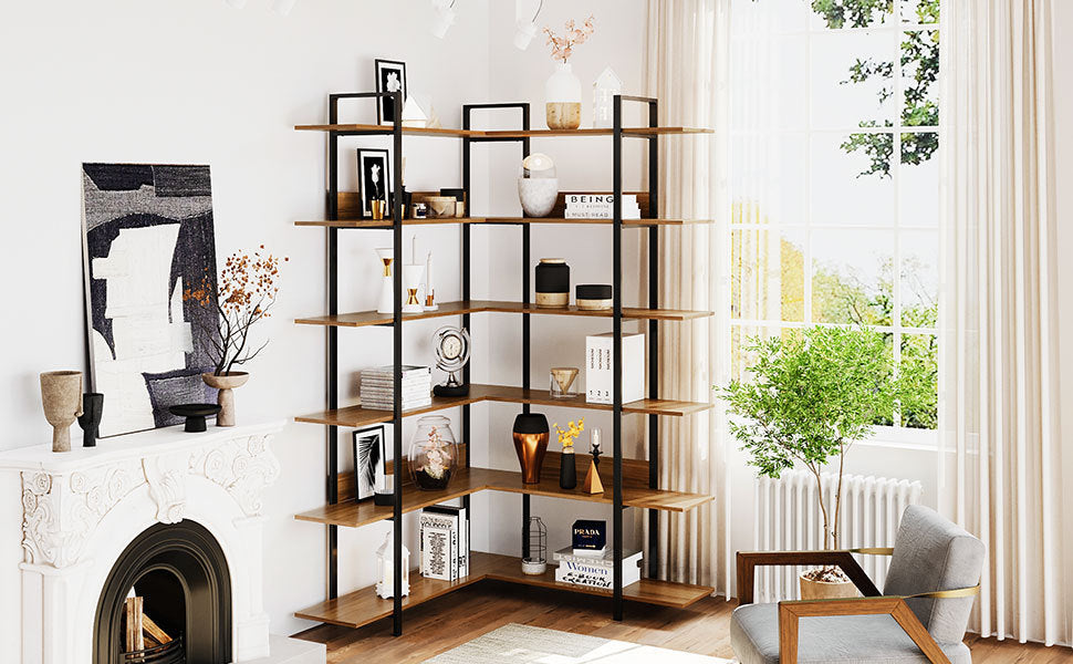 Stainless Steel Frame Corner 6-tier Shelves - Brown