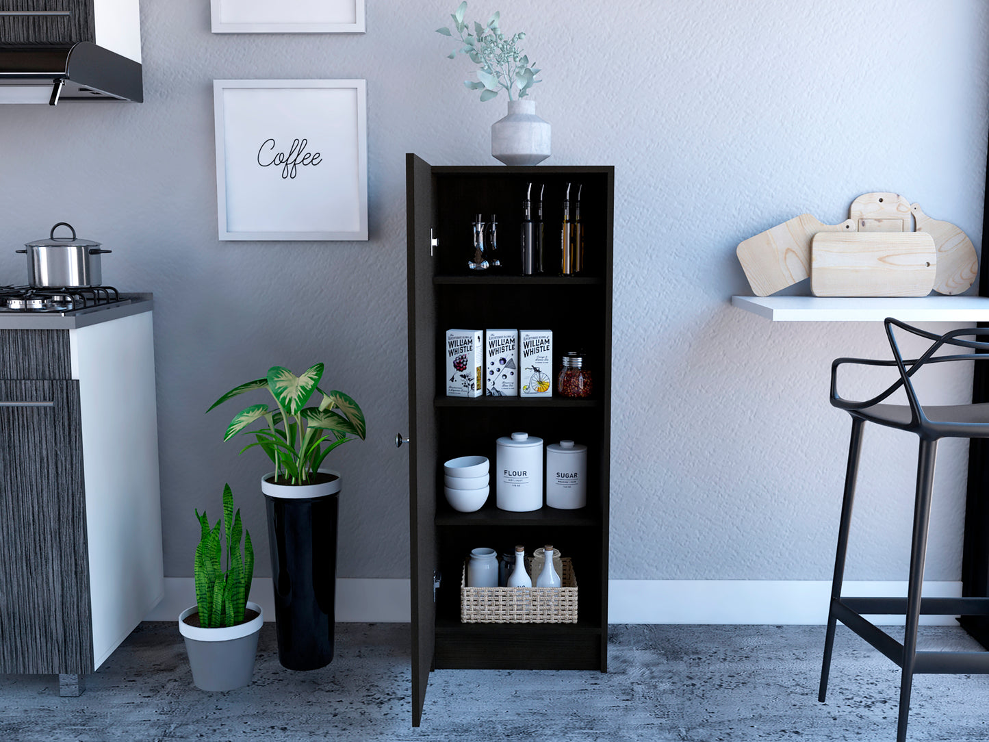 Belleria Single Door Pantry with Four Interior Shelves  - Black