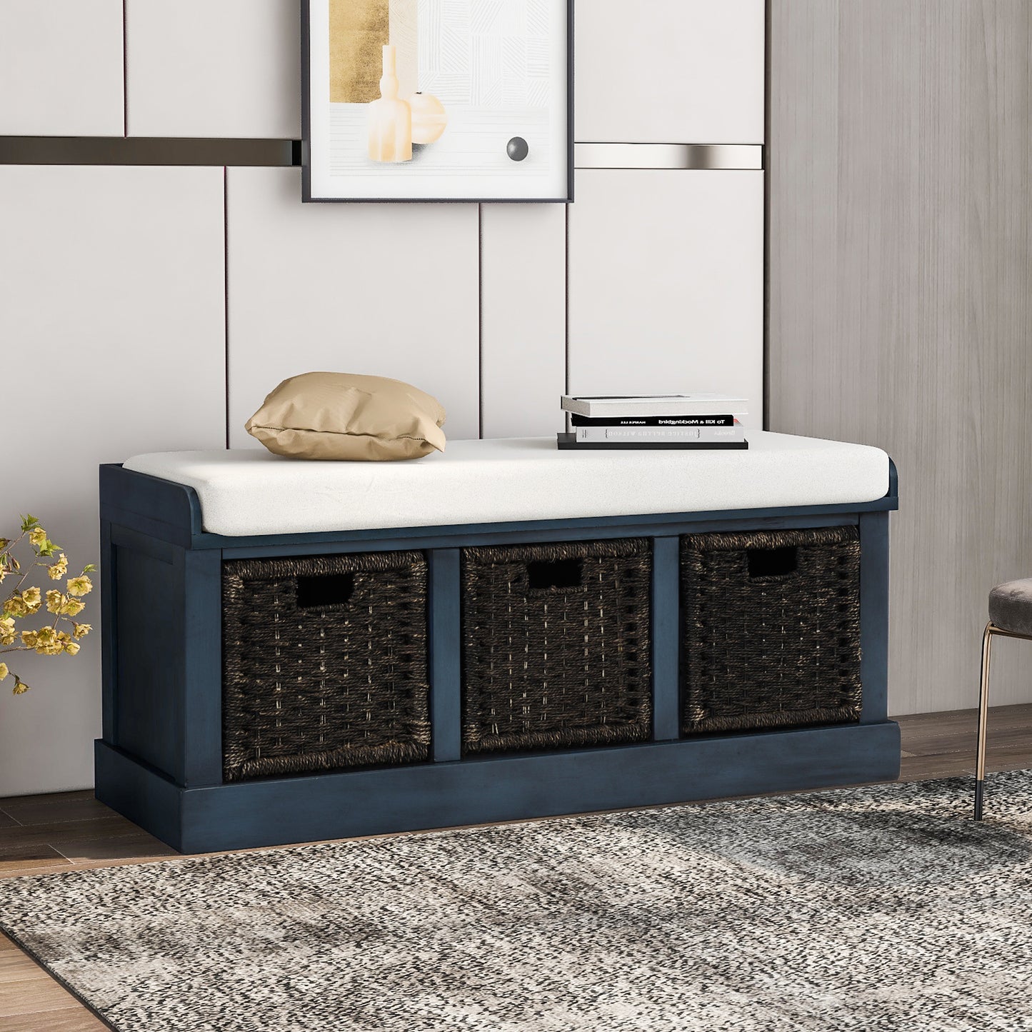 Bella Storage Bench with 3 Removable Classic Rattan Basket - Antique Navy