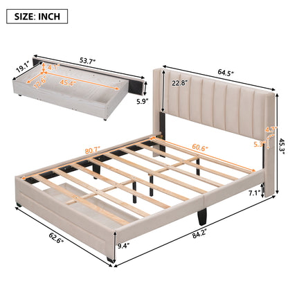 Shona Queen Size Velvet Platform Bed Frame - Beige