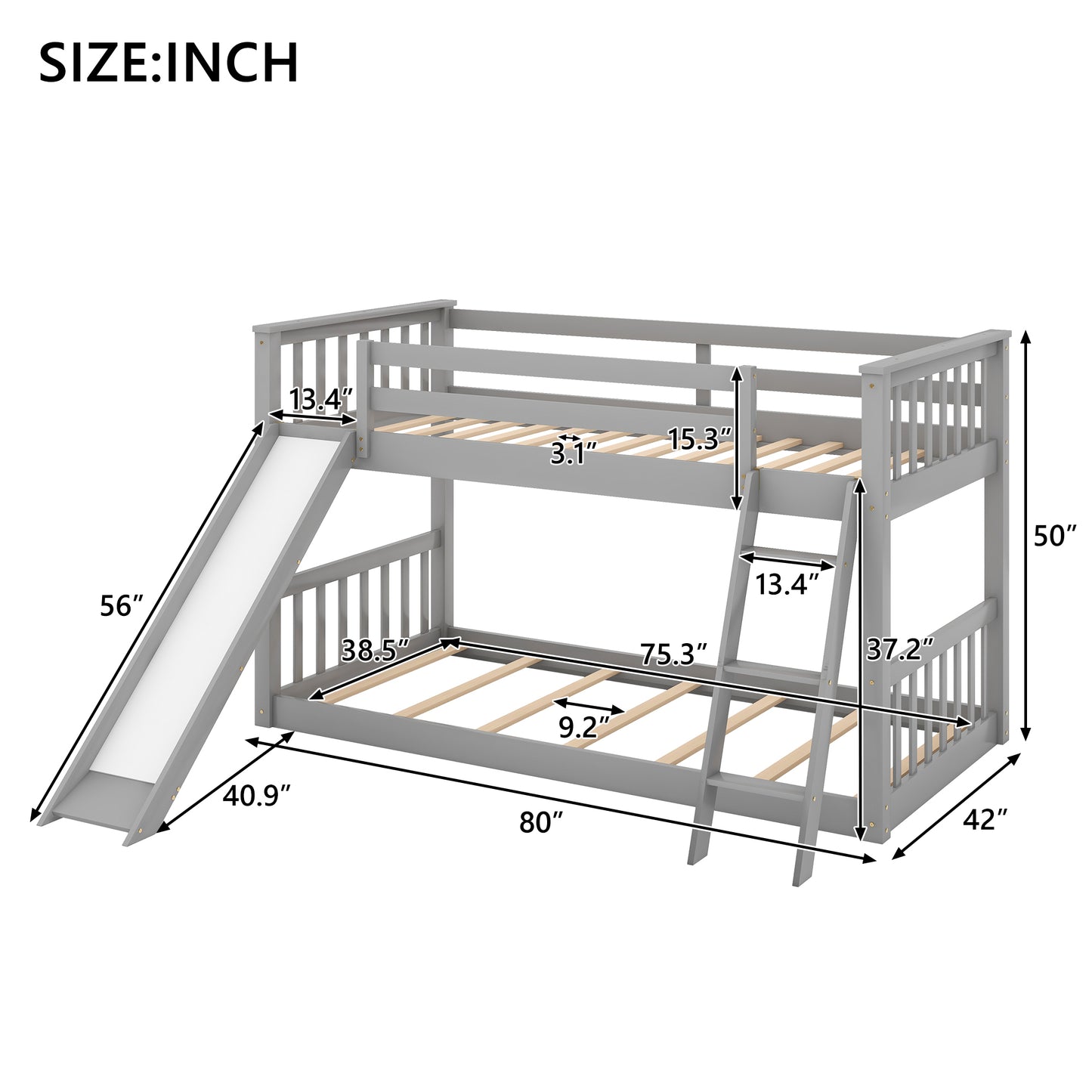 Slide and Climb Twin Bunk Bed, Gray