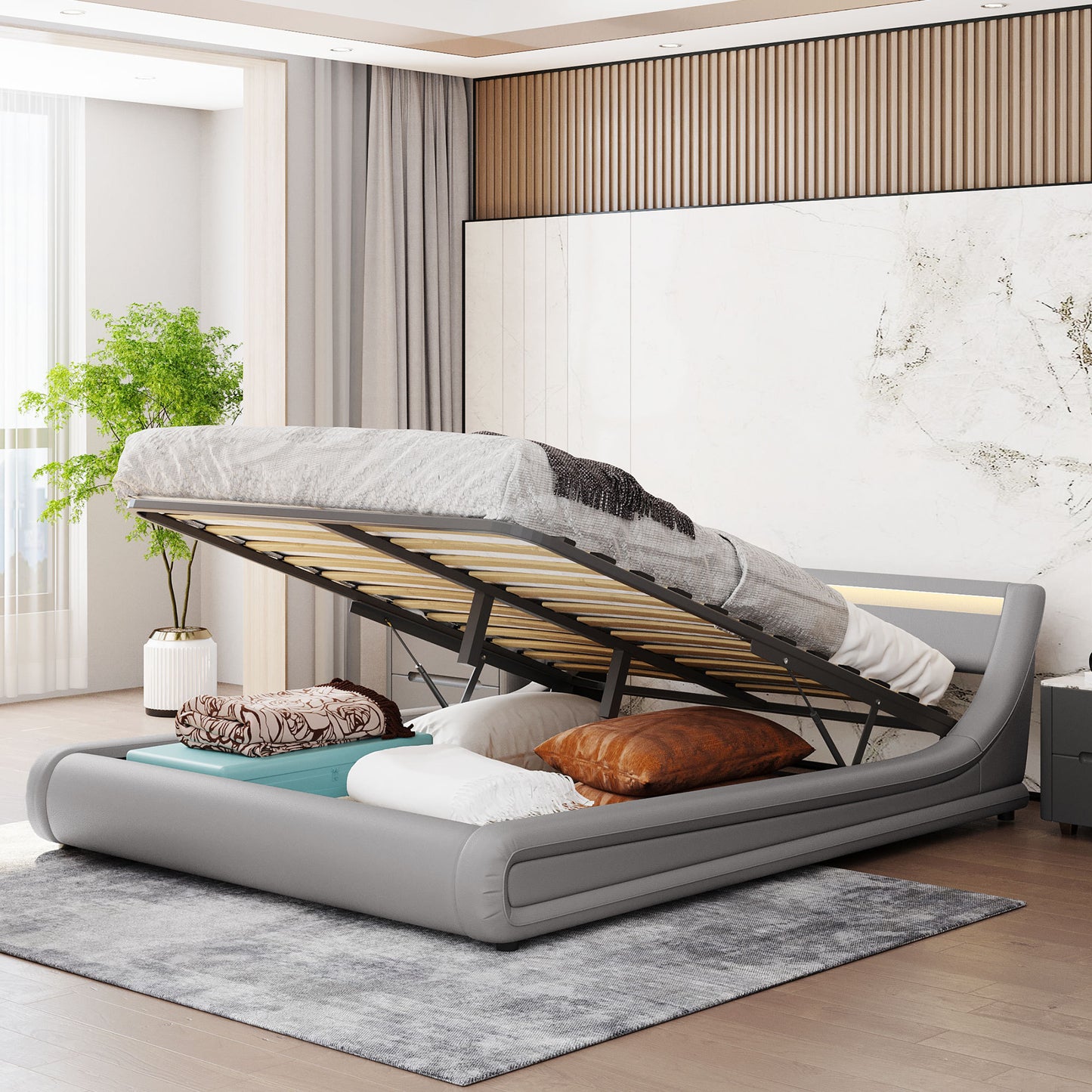 Farah Queen Size Storage Platform Bed w Hydraulic System - Grey
