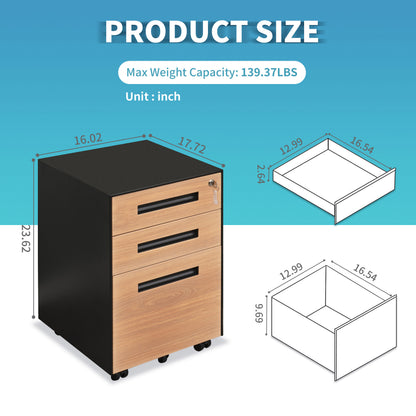 Compact 3 Drawer Mobile File Cabinet - Walnut + Black
