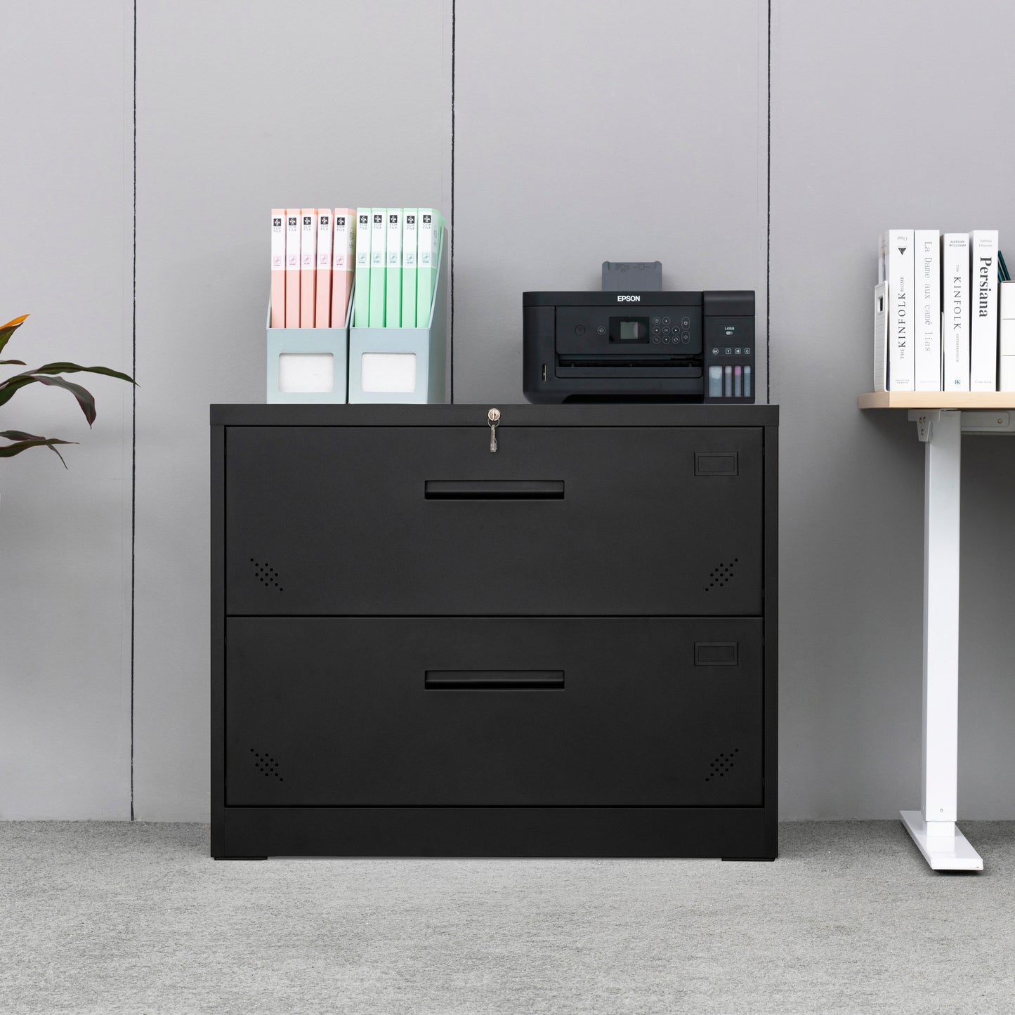 Metal Steel 2 Drawer Lateral Filing Cabinet - Black