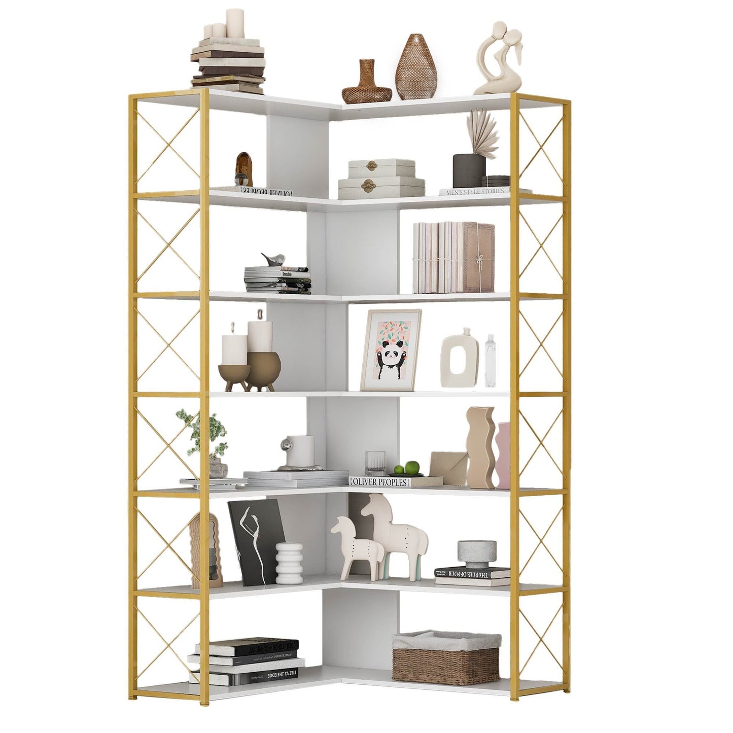 L-Shaped Corner Bookcase - Golden+White