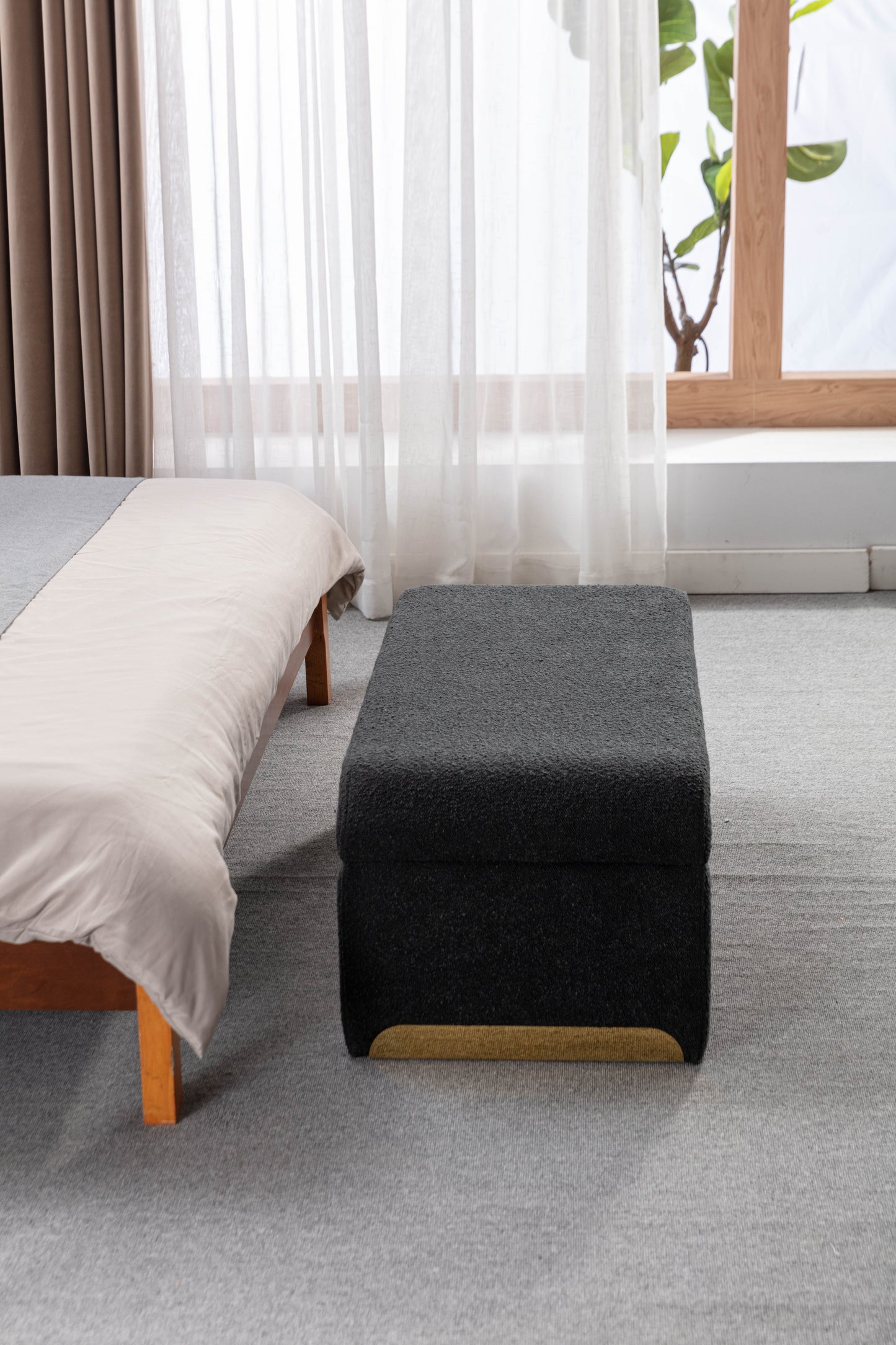 Boucle Fabric Ottoman - Black