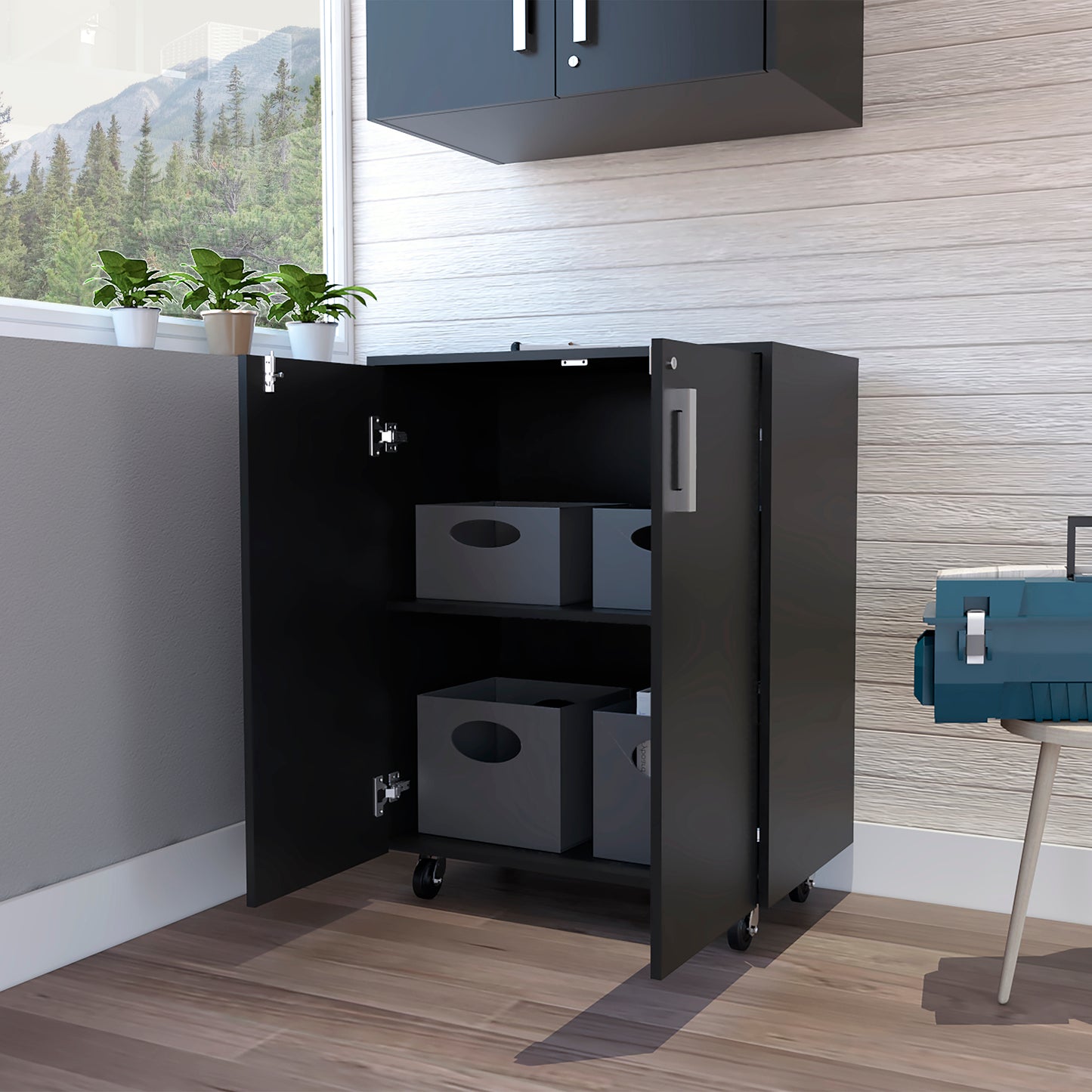 Casters Storage Cabinet  Double Door  - Black
