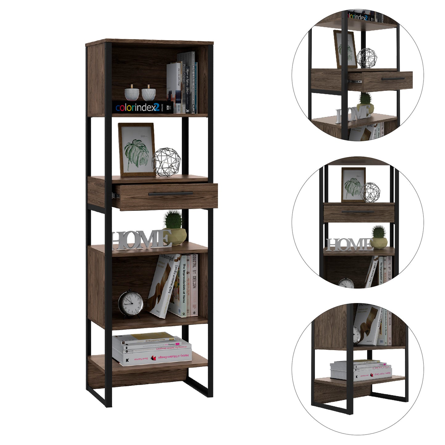 London 1-Drawer Bookcase - Dark Walnut