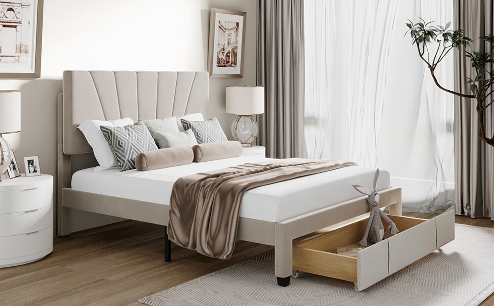 Xavier Twin Size Storage Bed Metal Platform Bed with Drawer - Beige