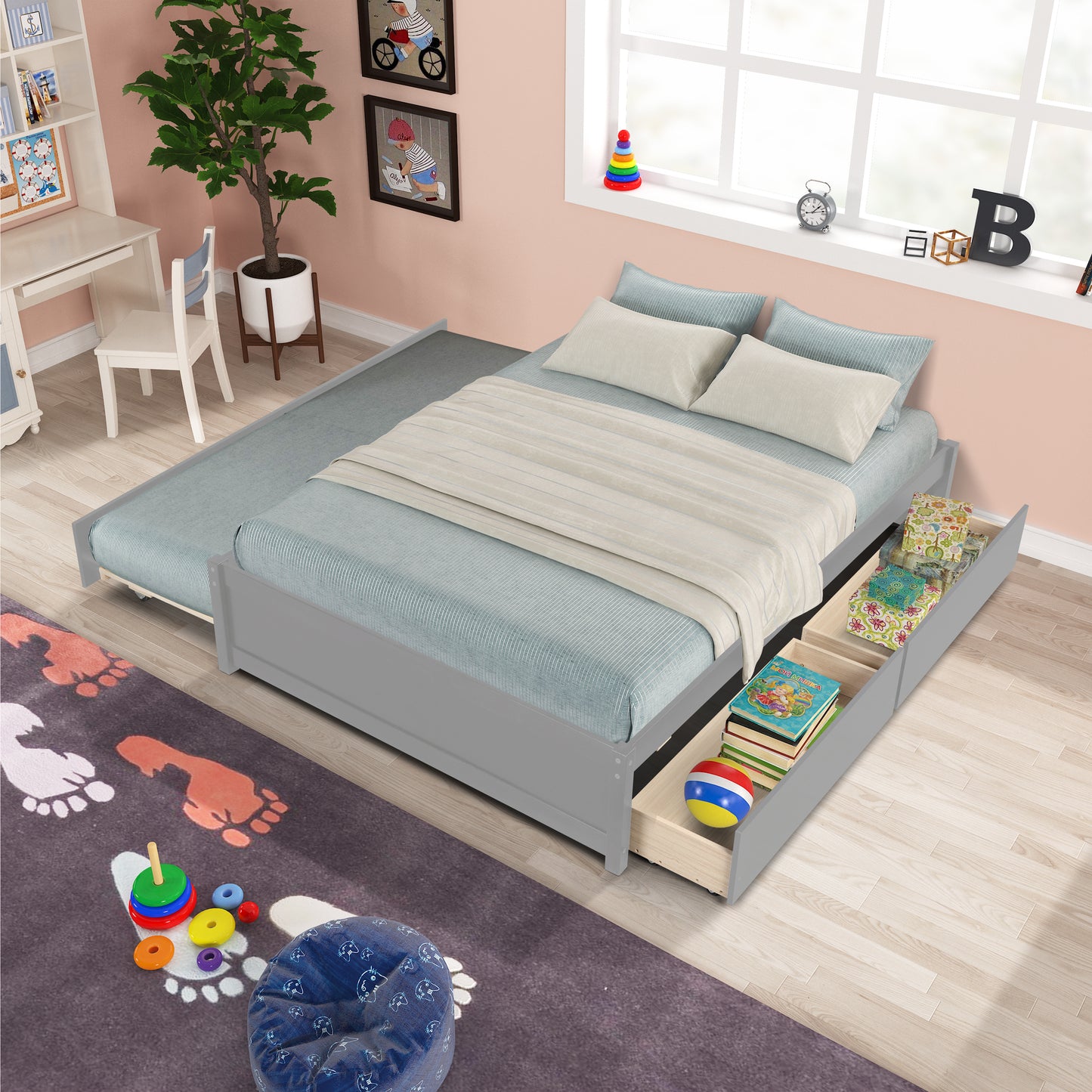 Trundle Max Twin Bed with Storage Drawers - Gray