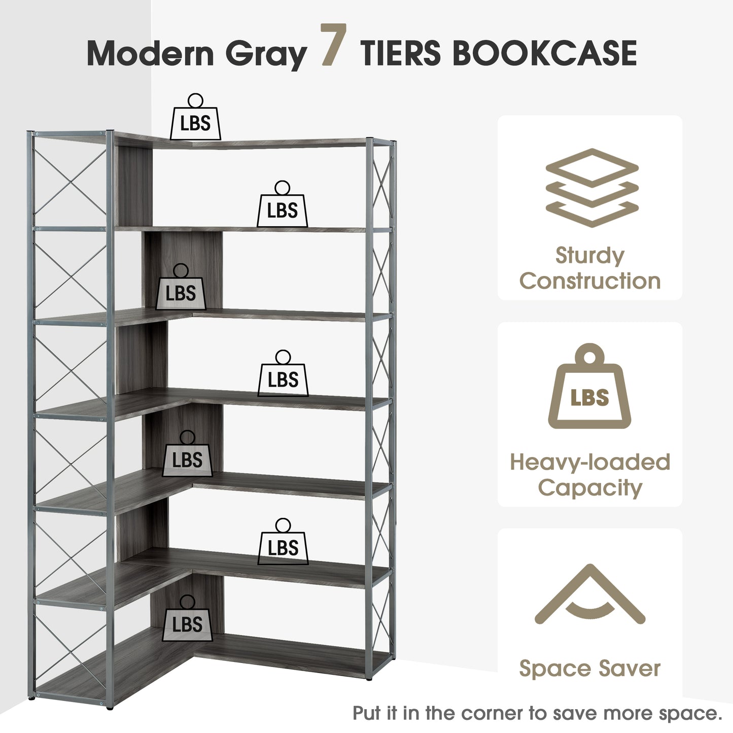 L-Shaped Corner Bookcase - Silver+Grey