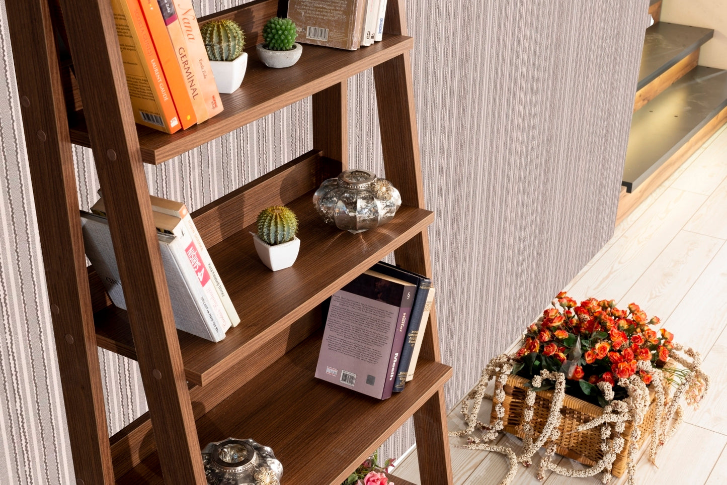 Otavio 5 Tier Modern Ladder Bookshelf - Walnut