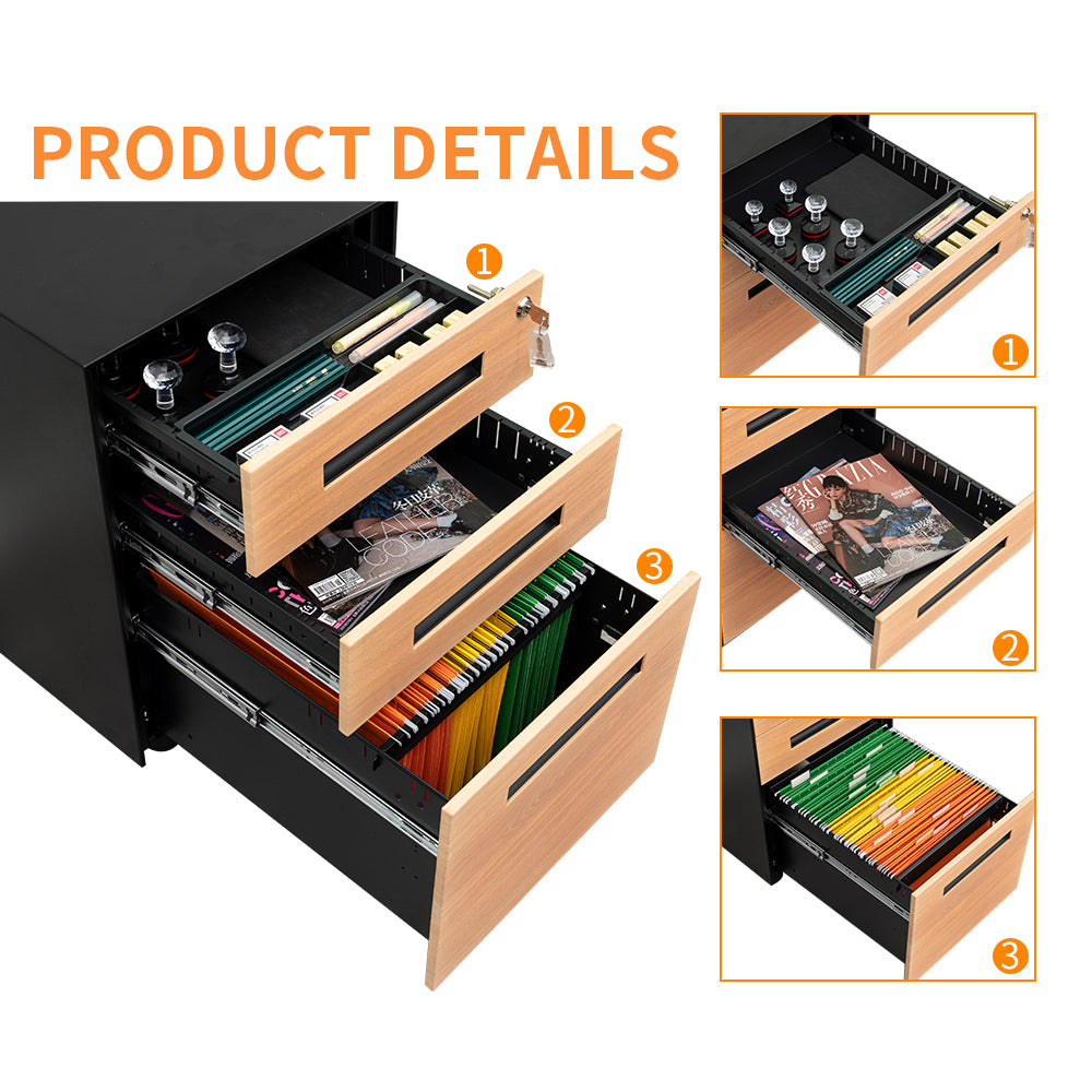 Compact 3 Drawer Mobile File Cabinet - Walnut + Black
