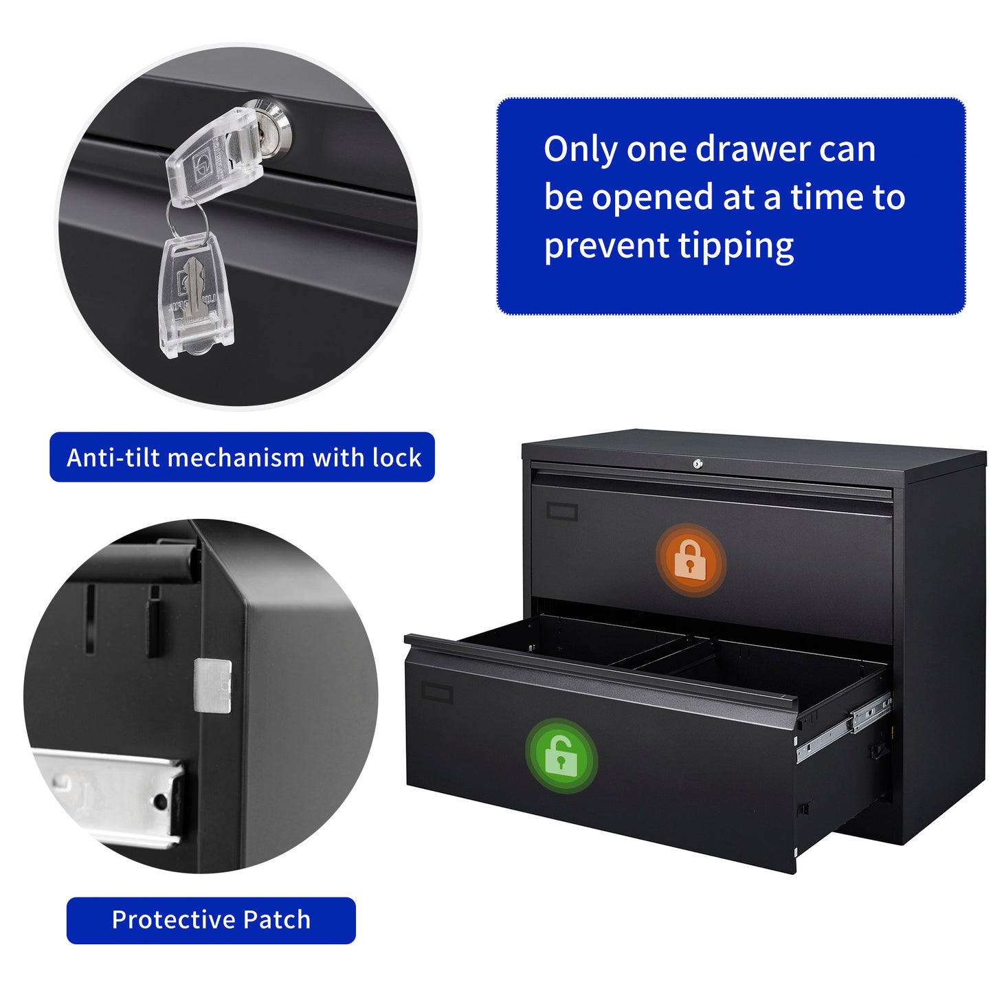 Metal Steel 2 Drawer Lateral Filing Cabinet - Black