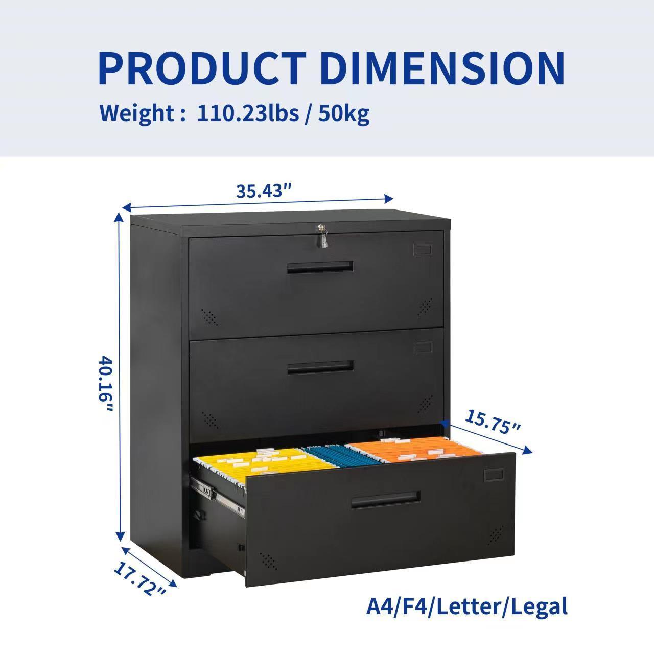 Lock Metal Steel 3 Drawer Lateral Filing Cabinet - Black