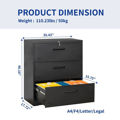 Lock Metal Steel 3 Drawer Lateral Filing Cabinet - Black