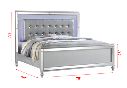 Atlas Sterling King Size Upholstered LED Bed - Silver