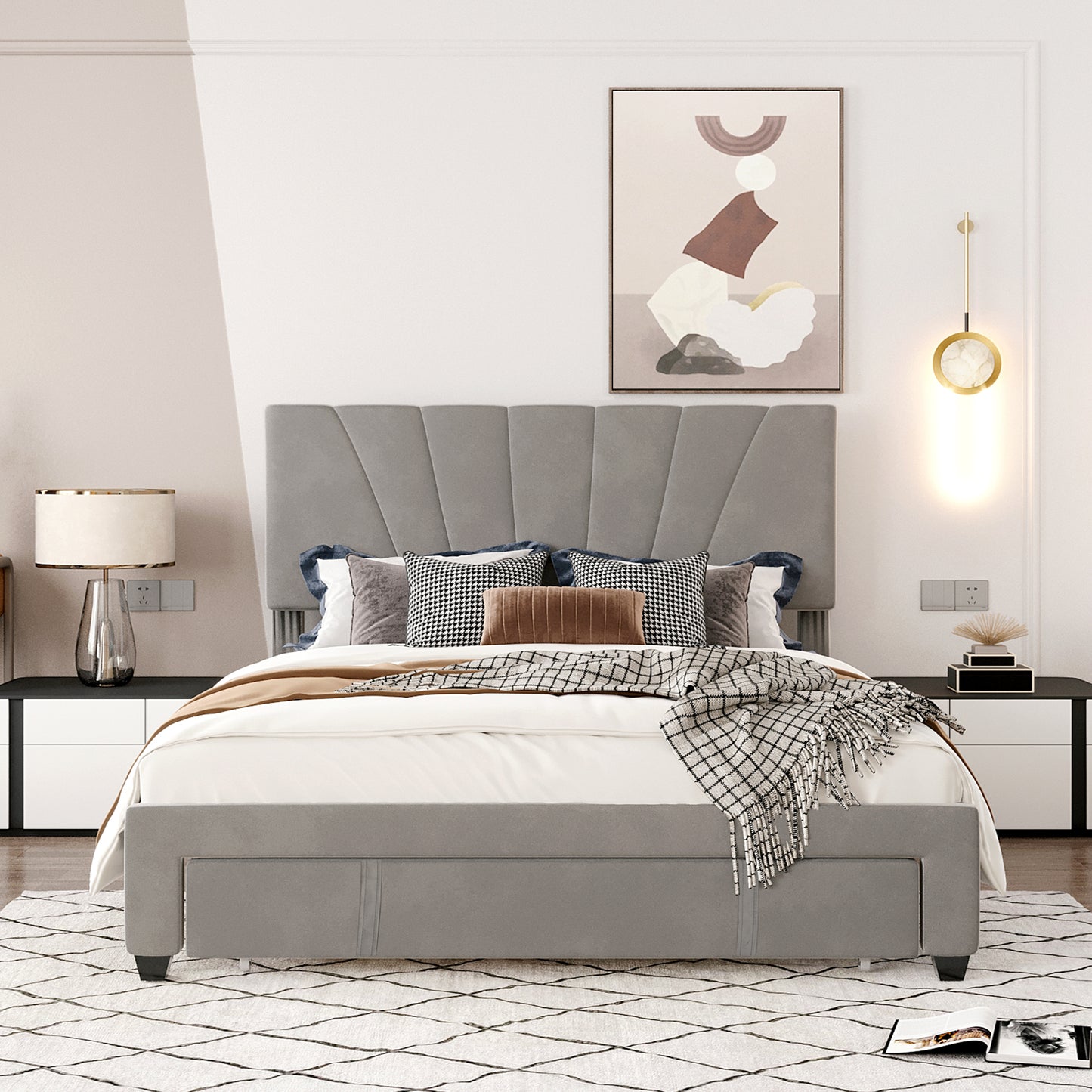 Xavier Queen Size Storage Bed Metal Platform Bed with Drawer - Gray
