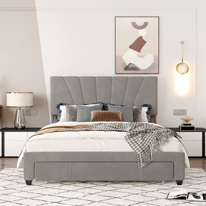 Xavier Queen Size Storage Bed Metal Platform Bed with Drawer - Gray