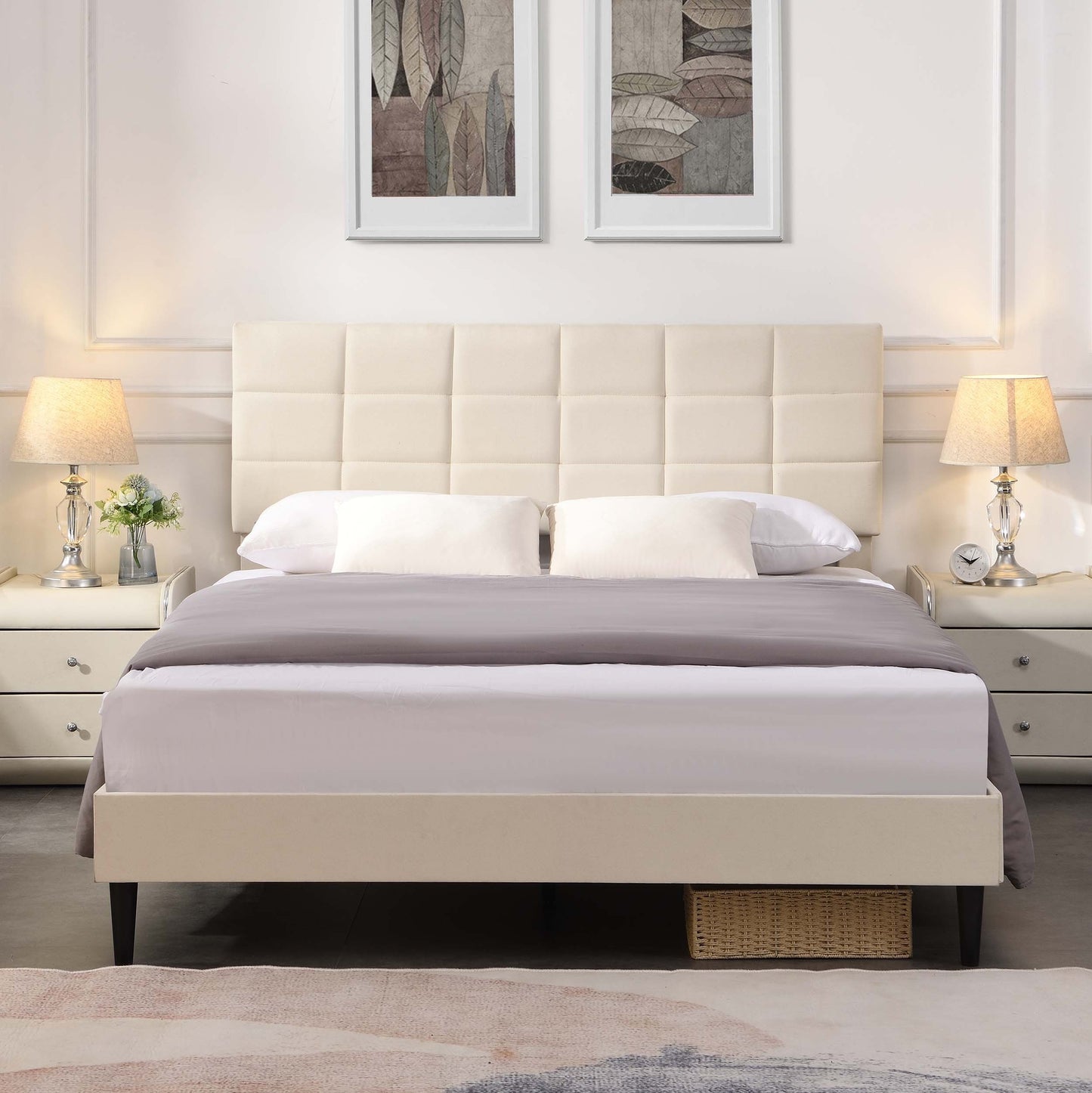 Elegant Queen Size Platform Bed Frame - Beige