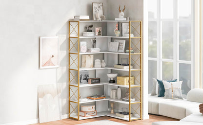 L-Shaped Corner Bookcase - Golden+White