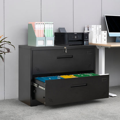 Metal Steel 2 Drawer Lateral Filing Cabinet - Black