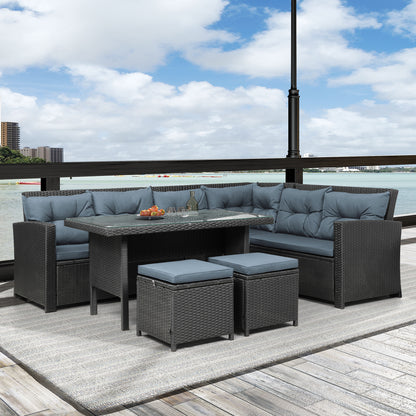 Elegant Oasis 6-Piece Outdoor Patio Furniture Set with Glass Table and Ottomans (Black)