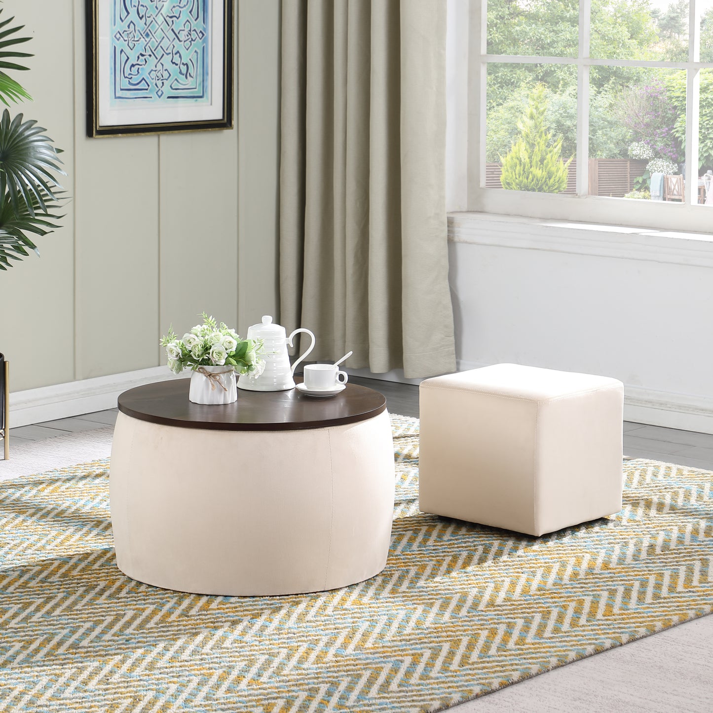 Versa Round Ottoman Set with Storage - Beige